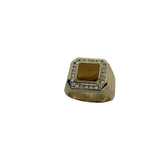 Men's Tiger's Eye Quartz & Diamond Signet Ring 14K Yellow Gold - Picture 1 of 5